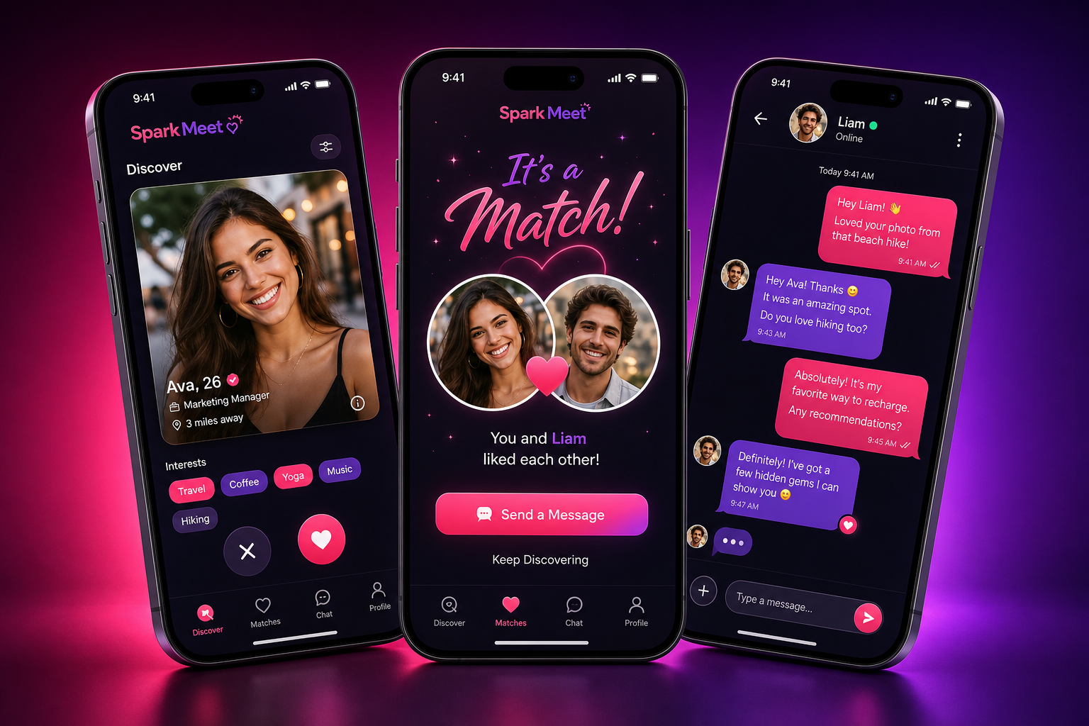 Pantallas de SparkMeet — Descubrir, Coincidir, Chatear